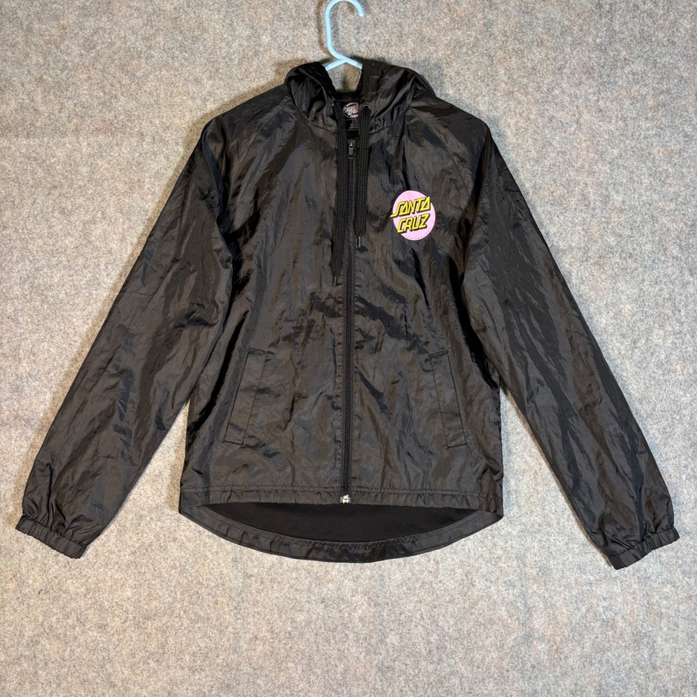 Santa Cruz Windbreaker Jacket Mens S Black Pink Dot Logo Lined Skateboard 7297